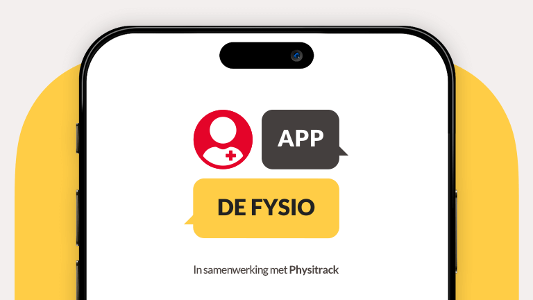 Foto van een mobieltje met App de Fysio op scherm